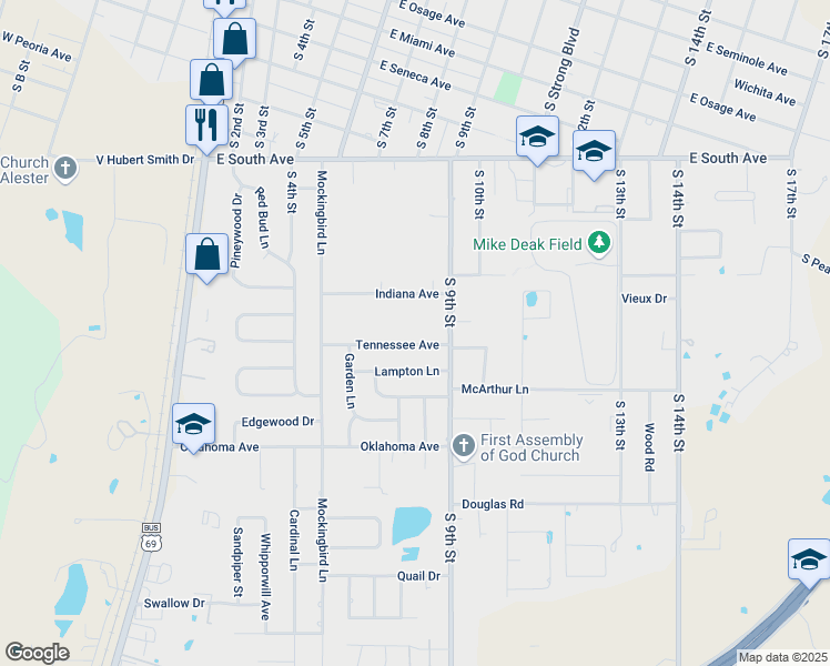 map of restaurants, bars, coffee shops, grocery stores, and more near 717 Tennessee Avenue in McAlester