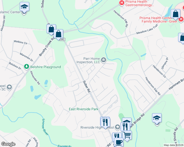 map of restaurants, bars, coffee shops, grocery stores, and more near 105 Woolridge Way in Greer