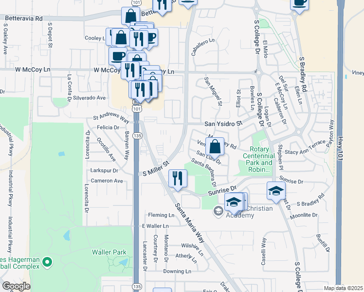 map of restaurants, bars, coffee shops, grocery stores, and more near 2650 Miller Street in Santa Maria