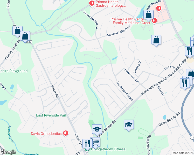 map of restaurants, bars, coffee shops, grocery stores, and more near 312 Riverside Chase Circle in Greer