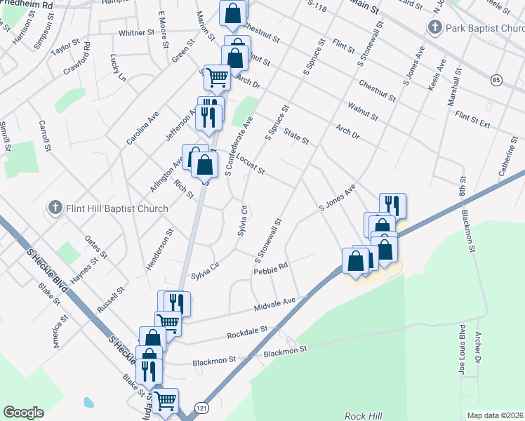 map of restaurants, bars, coffee shops, grocery stores, and more near 929 Sylvia Circle in Rock Hill