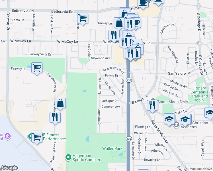 map of restaurants, bars, coffee shops, grocery stores, and more near 403 Espalier Drive in Santa Maria