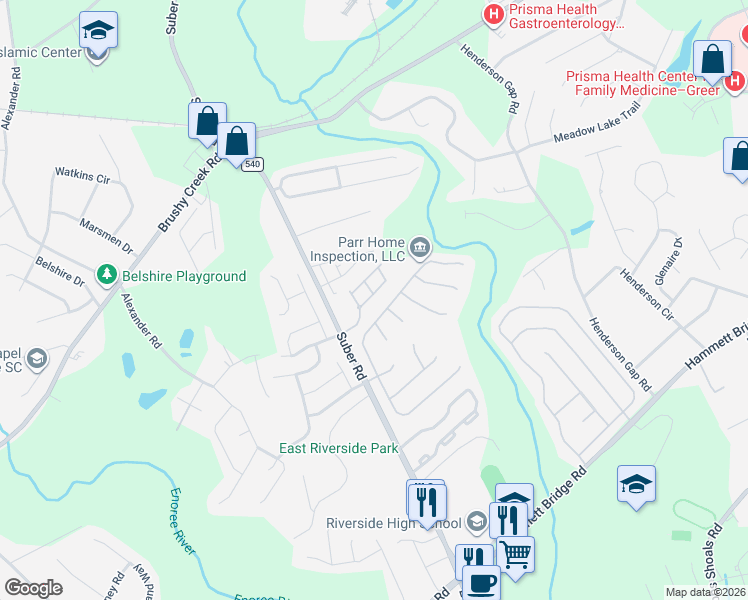 map of restaurants, bars, coffee shops, grocery stores, and more near 105 Woolridge Way in Greer