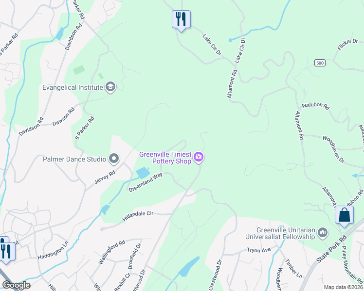 map of restaurants, bars, coffee shops, grocery stores, and more near 140 Manly Drive in Greenville