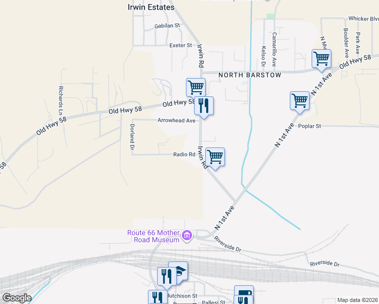 map of restaurants, bars, coffee shops, grocery stores, and more near 29187 Radio Road in Barstow