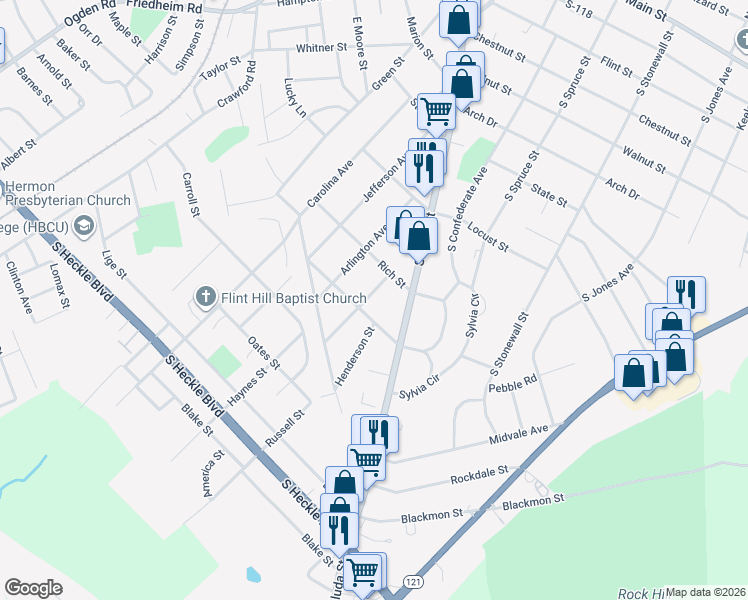 map of restaurants, bars, coffee shops, grocery stores, and more near 931 Martin Avenue in Rock Hill