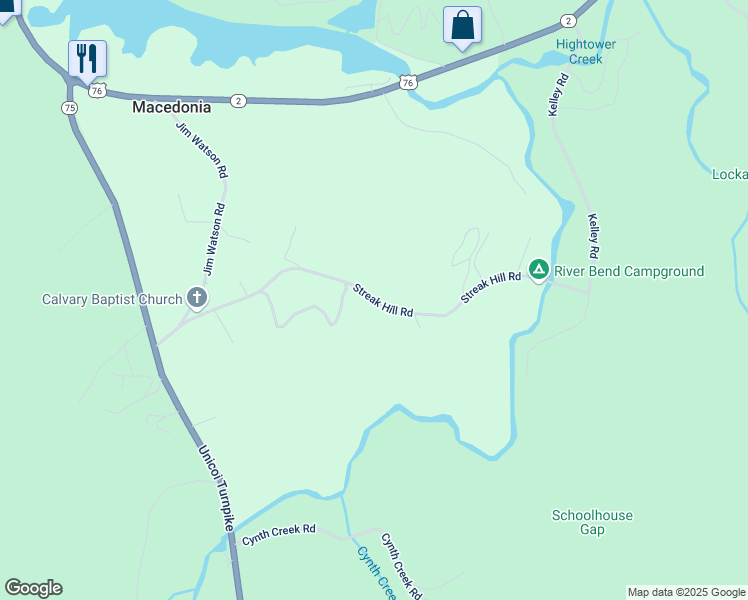 map of restaurants, bars, coffee shops, grocery stores, and more near Streak Hill Road in Hiawassee