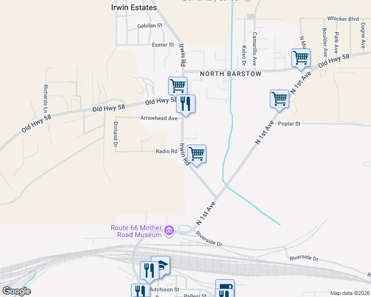 map of restaurants, bars, coffee shops, grocery stores, and more near 1205 Irwin Road in Barstow