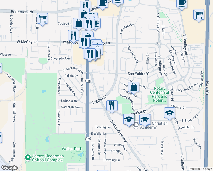 map of restaurants, bars, coffee shops, grocery stores, and more near 2660 Santa Maria Way in Santa Maria