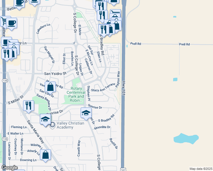 map of restaurants, bars, coffee shops, grocery stores, and more near 2663 Rubel Way in Santa Maria