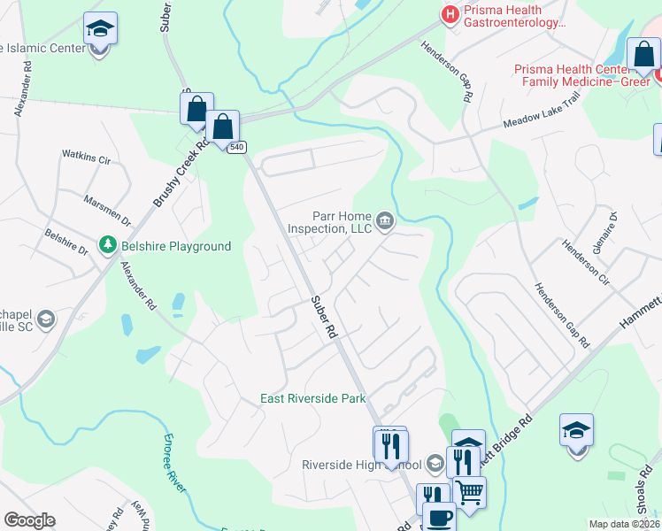 map of restaurants, bars, coffee shops, grocery stores, and more near 954 South Suber Road in Greer