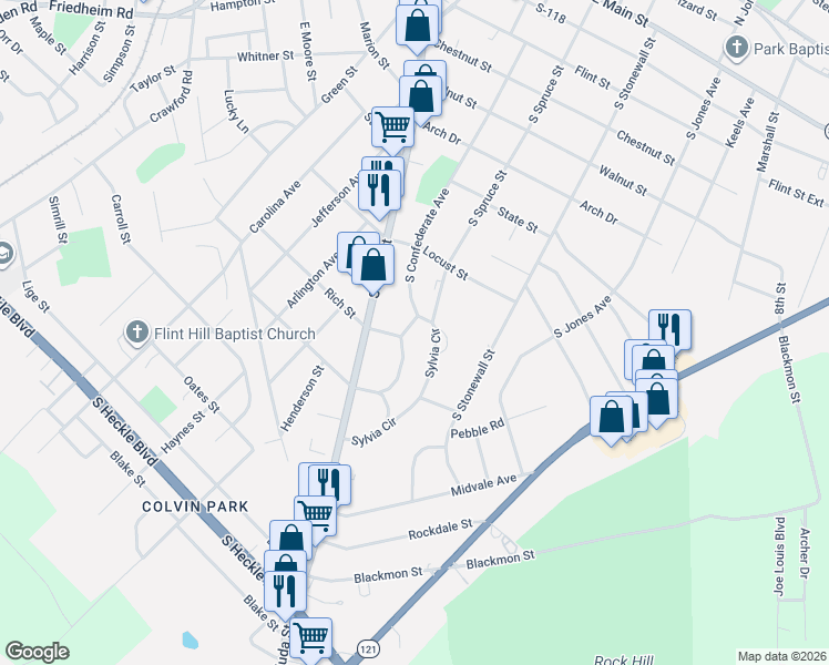 map of restaurants, bars, coffee shops, grocery stores, and more near 903 South Confederate Avenue in Rock Hill