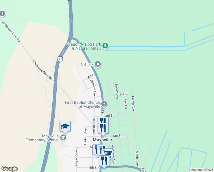 map of restaurants, bars, coffee shops, grocery stores, and more near 97 Mattocks Ave in Maysville