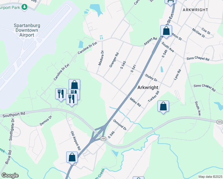 map of restaurants, bars, coffee shops, grocery stores, and more near 101 Miles Drive in Spartanburg
