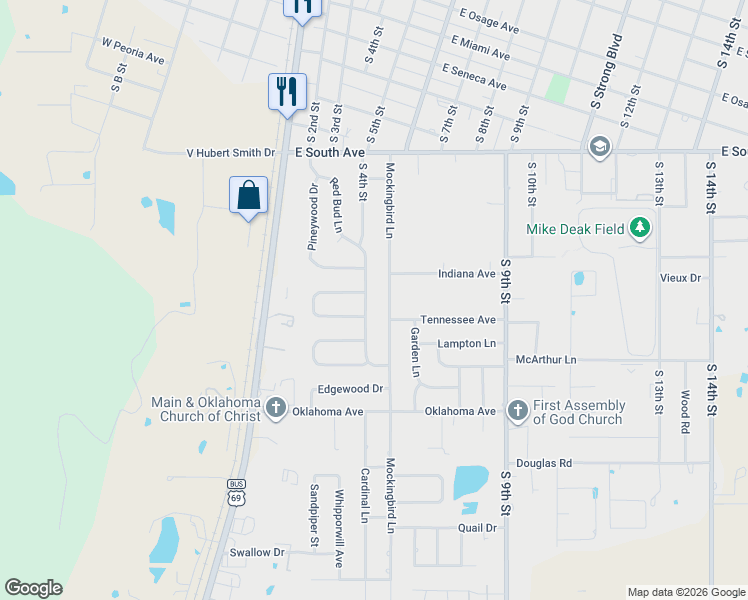 map of restaurants, bars, coffee shops, grocery stores, and more near 1611 Red Bud Lane in McAlester