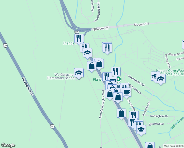 map of restaurants, bars, coffee shops, grocery stores, and more near 537 U.S. 70 in Havelock