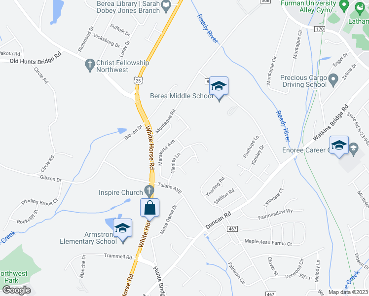 map of restaurants, bars, coffee shops, grocery stores, and more near 328 Glenlea Lane in Greenville