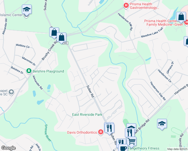 map of restaurants, bars, coffee shops, grocery stores, and more near 203 Elise Drive in Greer