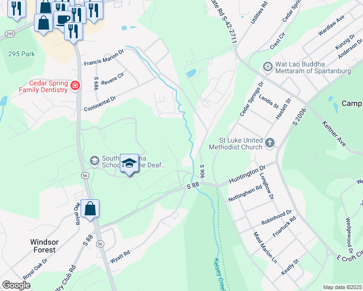 map of restaurants, bars, coffee shops, grocery stores, and more near 3000 Kelsey Creek Road in Spartanburg