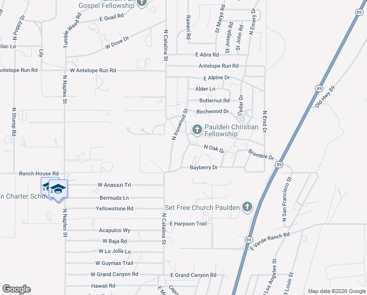 map of restaurants, bars, coffee shops, grocery stores, and more near 25101 Lakeside Drive in Paulden