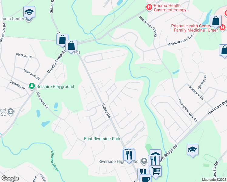 map of restaurants, bars, coffee shops, grocery stores, and more near 105 Woolridge Way in Greer