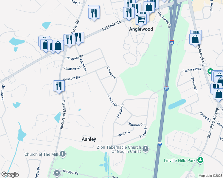 map of restaurants, bars, coffee shops, grocery stores, and more near 4391 Conrad Drive in Spartanburg