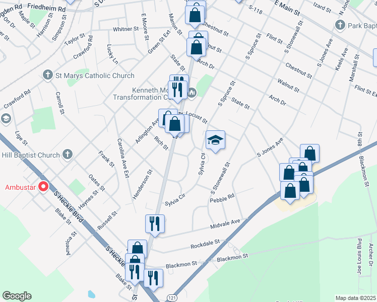 map of restaurants, bars, coffee shops, grocery stores, and more near 878 South Confederate Avenue in Rock Hill
