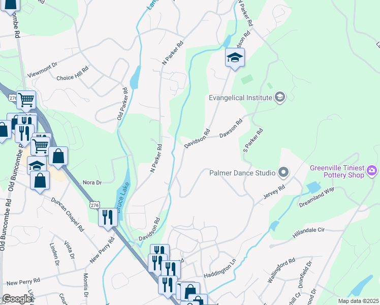 map of restaurants, bars, coffee shops, grocery stores, and more near 110 Davidson Road in Greenville