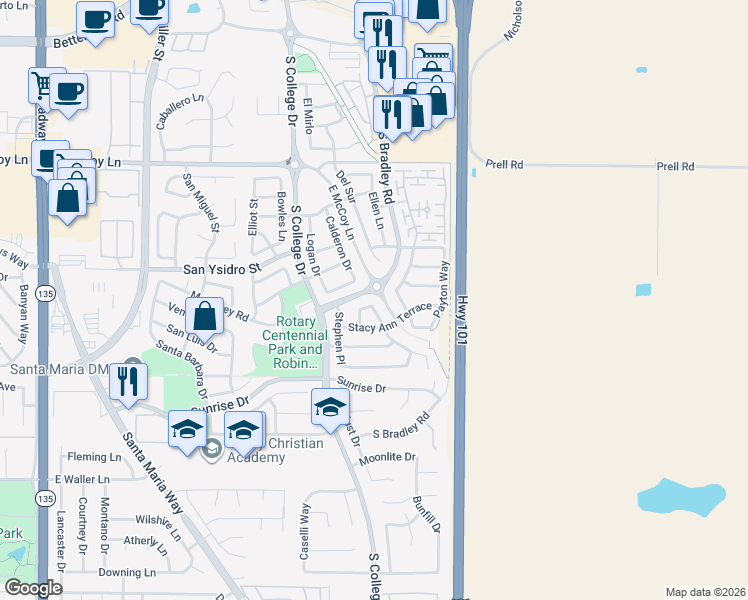 map of restaurants, bars, coffee shops, grocery stores, and more near 919 Stacy Ann Terrace in Santa Maria