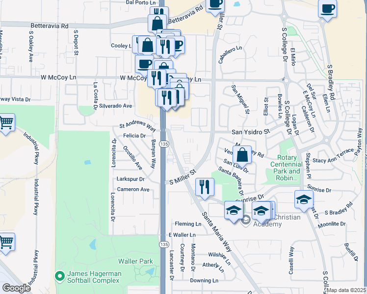 map of restaurants, bars, coffee shops, grocery stores, and more near 2660 Santa Maria Way in Santa Maria