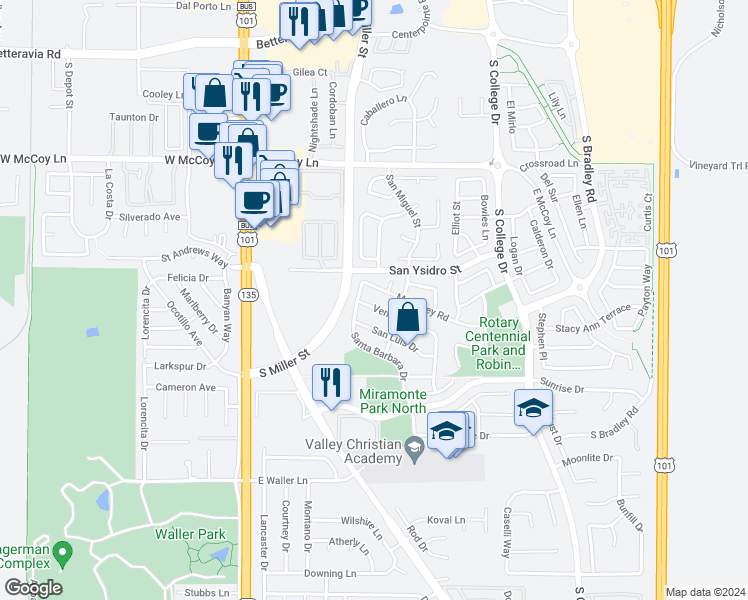 map of restaurants, bars, coffee shops, grocery stores, and more near 421 Ventura Road in Santa Maria