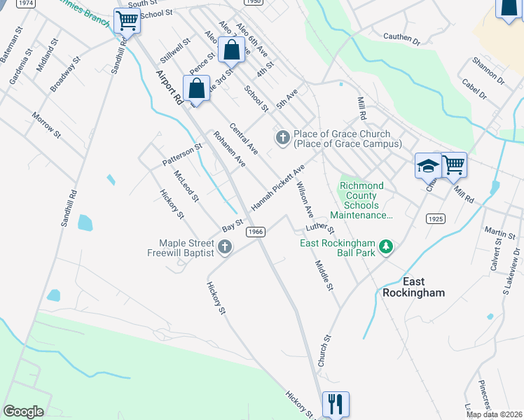 map of restaurants, bars, coffee shops, grocery stores, and more near 191 Hannah Pickett Avenue in Rockingham