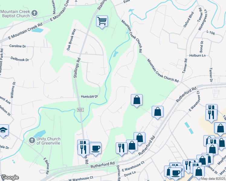 map of restaurants, bars, coffee shops, grocery stores, and more near 304 Golf View Lane in Greenville