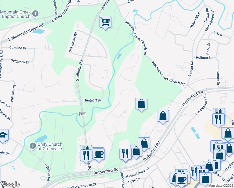 map of restaurants, bars, coffee shops, grocery stores, and more near 304 Golf View Lane in Greenville