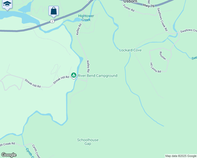 map of restaurants, bars, coffee shops, grocery stores, and more near 2400 Kelley Road in Hiawassee