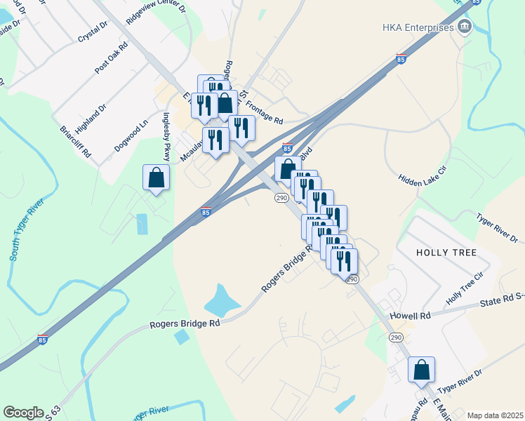 map of restaurants, bars, coffee shops, grocery stores, and more near 100 Rogers Bridge Road in Duncan