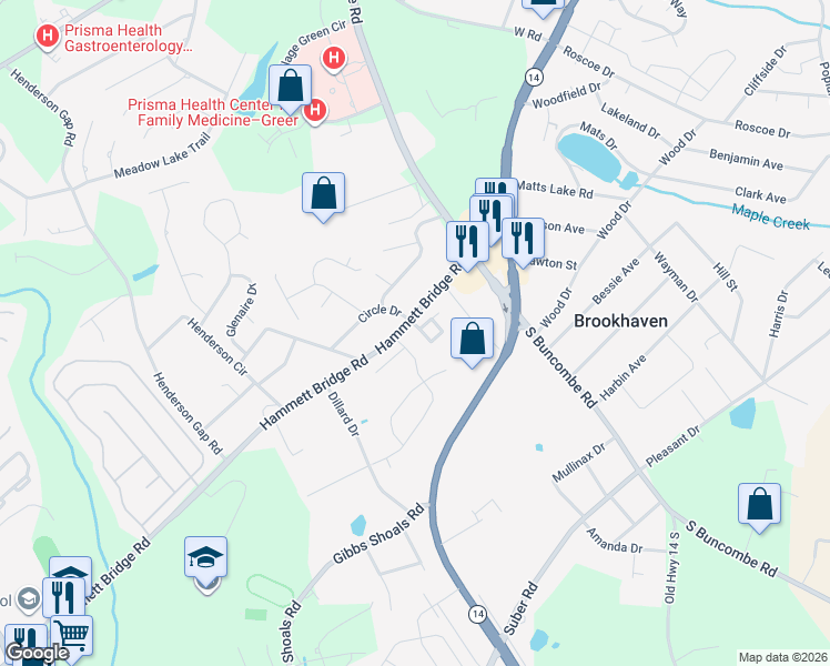 map of restaurants, bars, coffee shops, grocery stores, and more near 307 Hammett Bridge Road in Greer