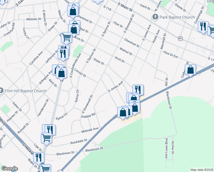 map of restaurants, bars, coffee shops, grocery stores, and more near 644 Rockwood Drive in Rock Hill
