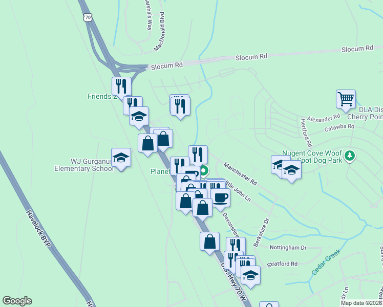 map of restaurants, bars, coffee shops, grocery stores, and more near 199 Catawba Road in Havelock