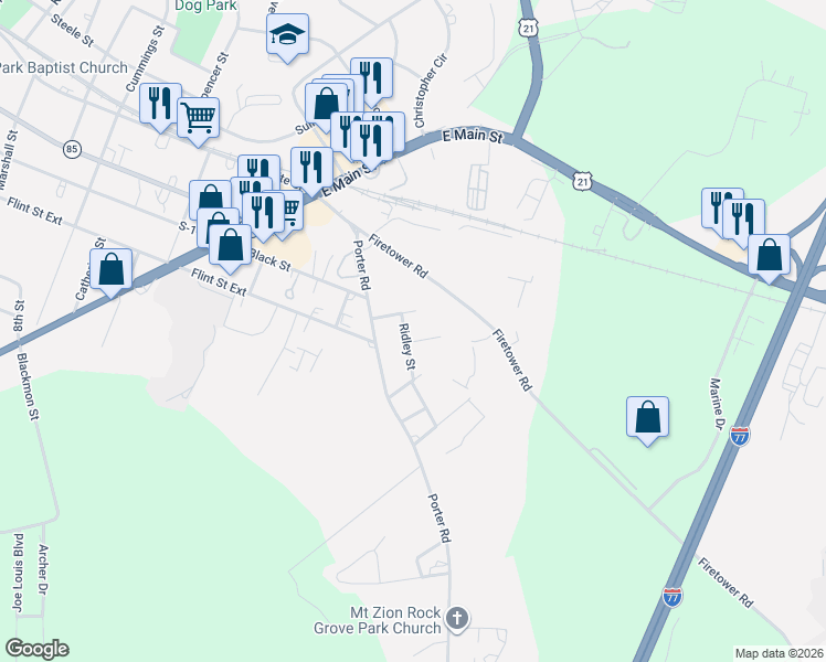 map of restaurants, bars, coffee shops, grocery stores, and more near 1444 Clara Street in Rock Hill