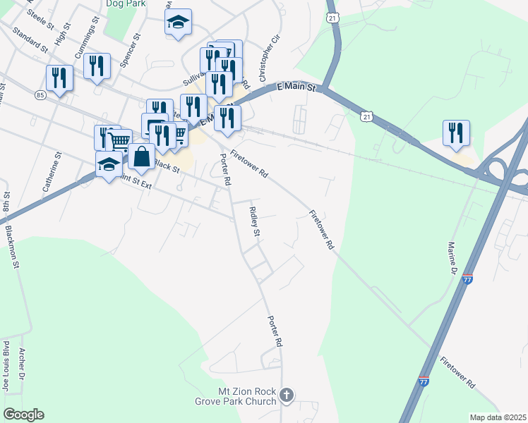 map of restaurants, bars, coffee shops, grocery stores, and more near 1444 Clara Street in Rock Hill
