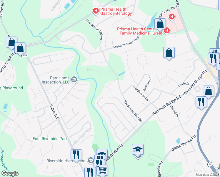 map of restaurants, bars, coffee shops, grocery stores, and more near 1488 Henderson Gap Road in Greer