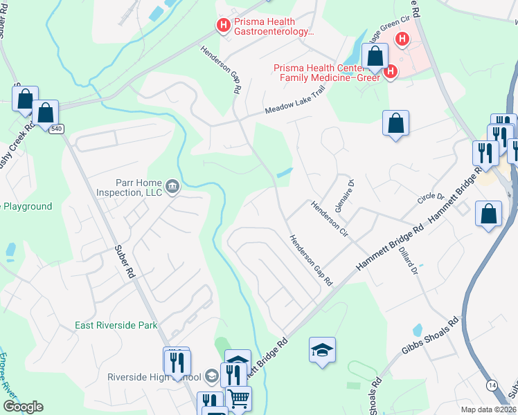 map of restaurants, bars, coffee shops, grocery stores, and more near 1488 Henderson Gap Road in Greer