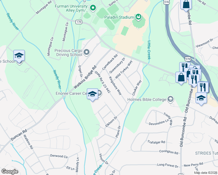 map of restaurants, bars, coffee shops, grocery stores, and more near 29 Kingsbury Way in Greenville