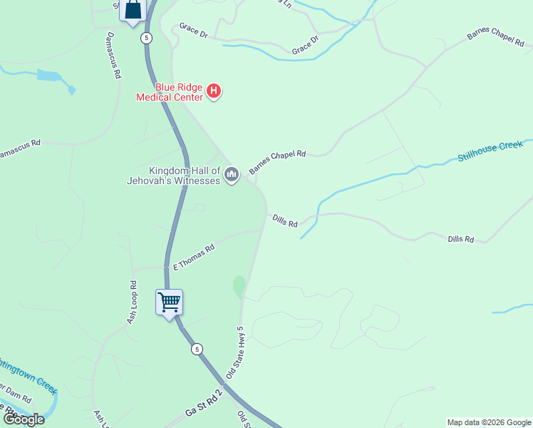 map of restaurants, bars, coffee shops, grocery stores, and more near 21 Dills Road in Blue Ridge