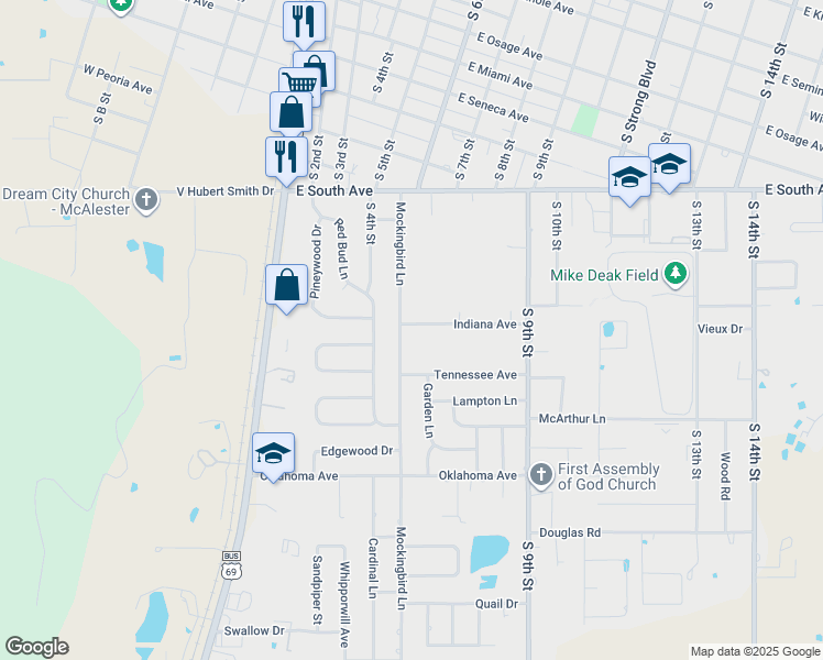 map of restaurants, bars, coffee shops, grocery stores, and more near 502 Indiana Avenue in McAlester
