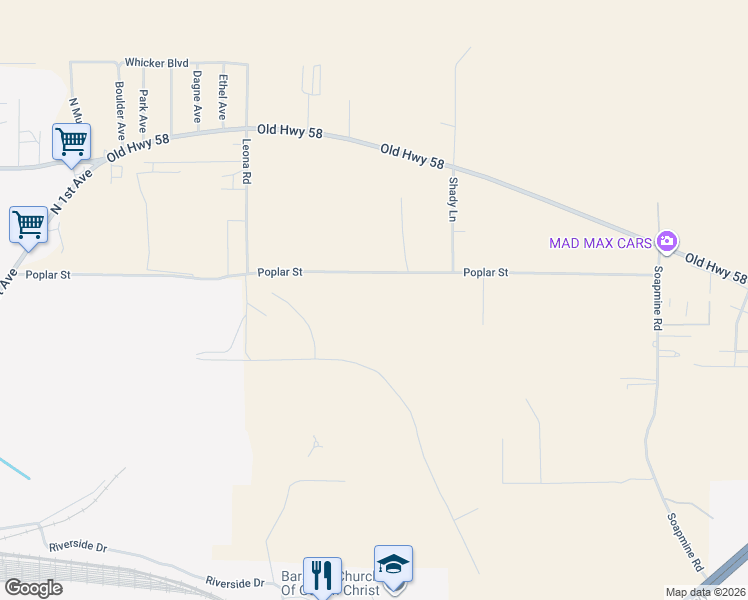 map of restaurants, bars, coffee shops, grocery stores, and more near 30343 Poplar Street in Barstow
