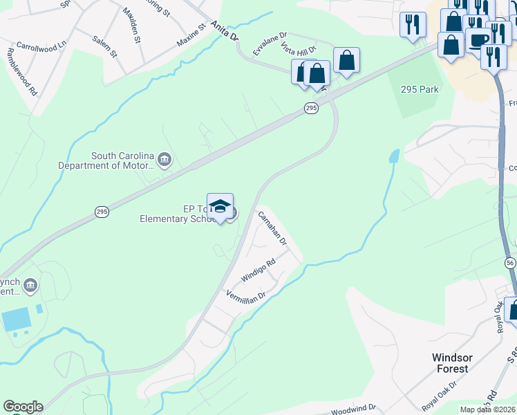 map of restaurants, bars, coffee shops, grocery stores, and more near 301 Carnahan Drive in Spartanburg
