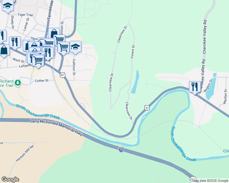 map of restaurants, bars, coffee shops, grocery stores, and more near 879 Clearview Drive in Ringgold