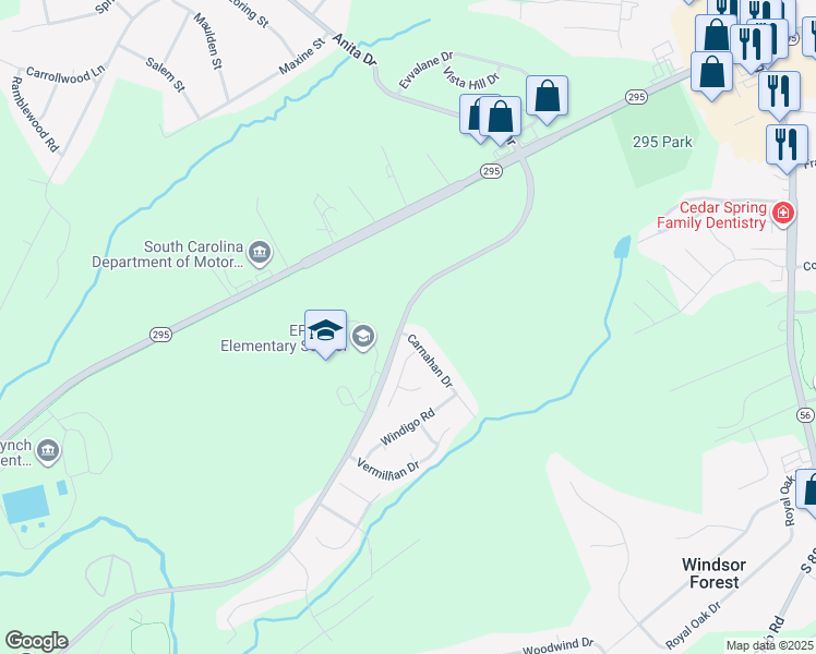 map of restaurants, bars, coffee shops, grocery stores, and more near 301 Carnahan Drive in Spartanburg